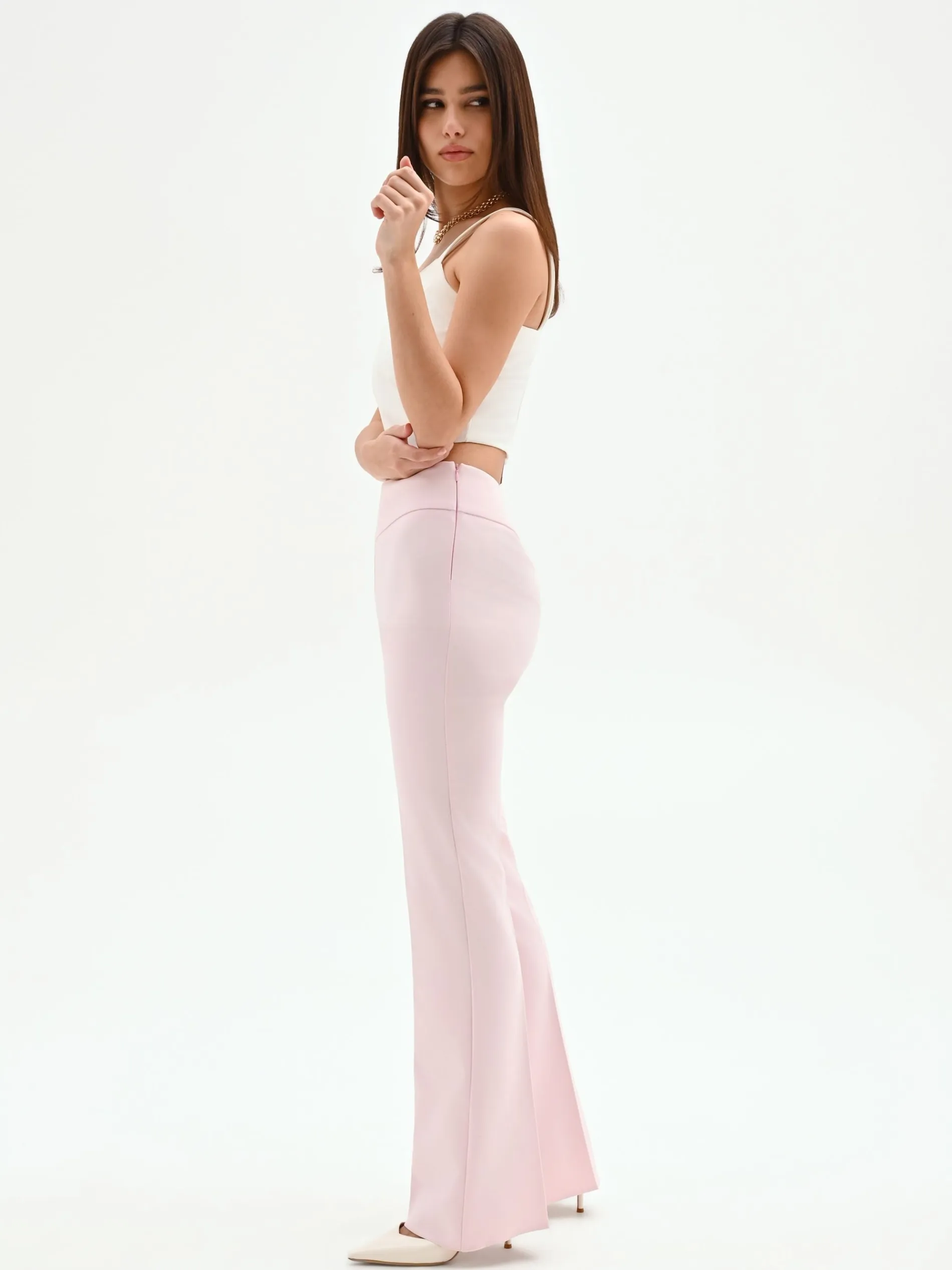 PANTALONE MID FLARED ROSA PASTELLO A VITA ALTA