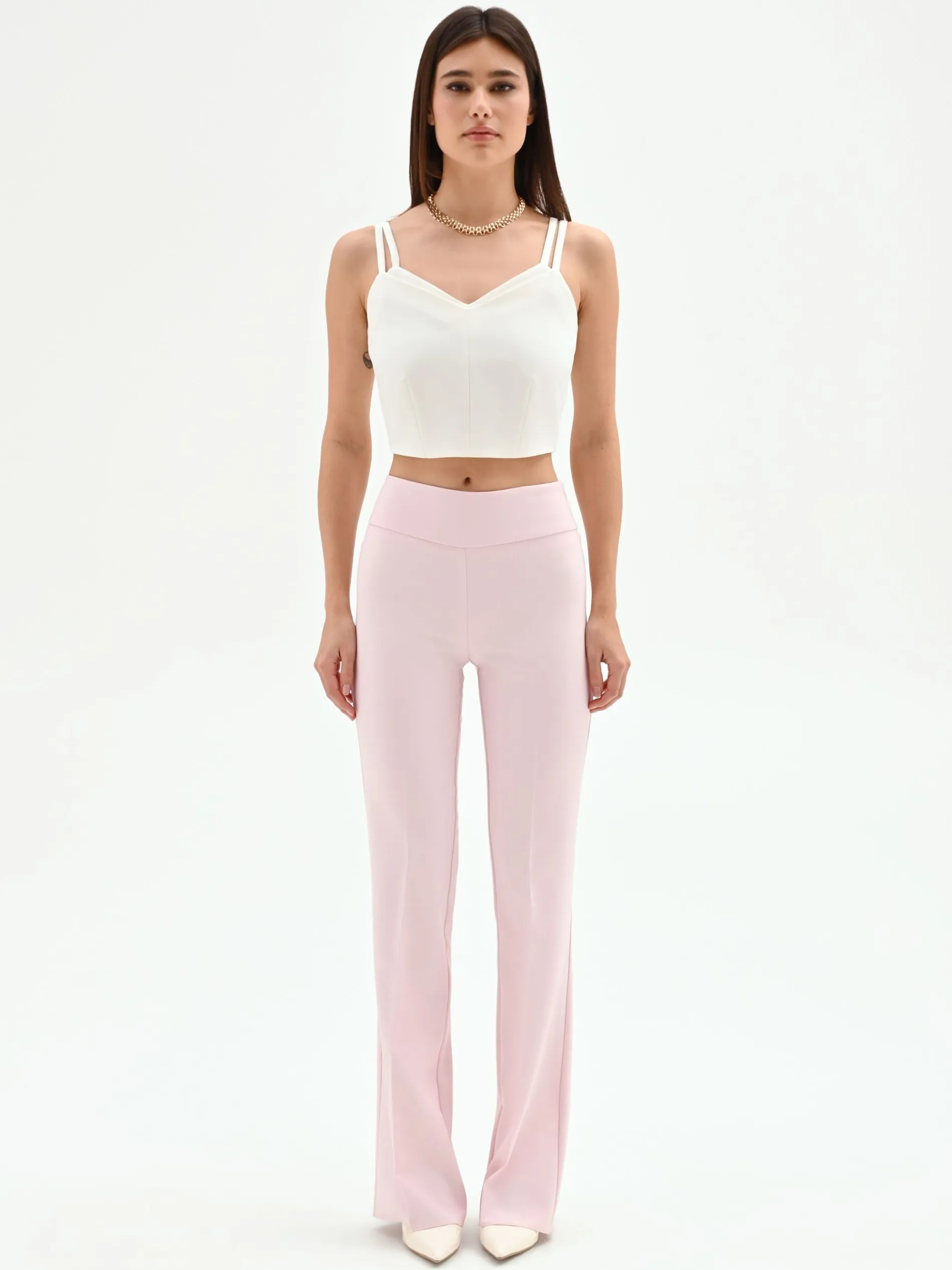 PANTALONE MID FLARED ROSA PASTELLO A VITA ALTA