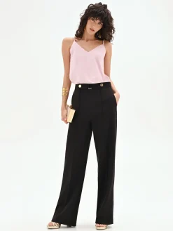 PANTALONE NERO A GAMBA DRITTA CON BOTTONI GIOIELLO