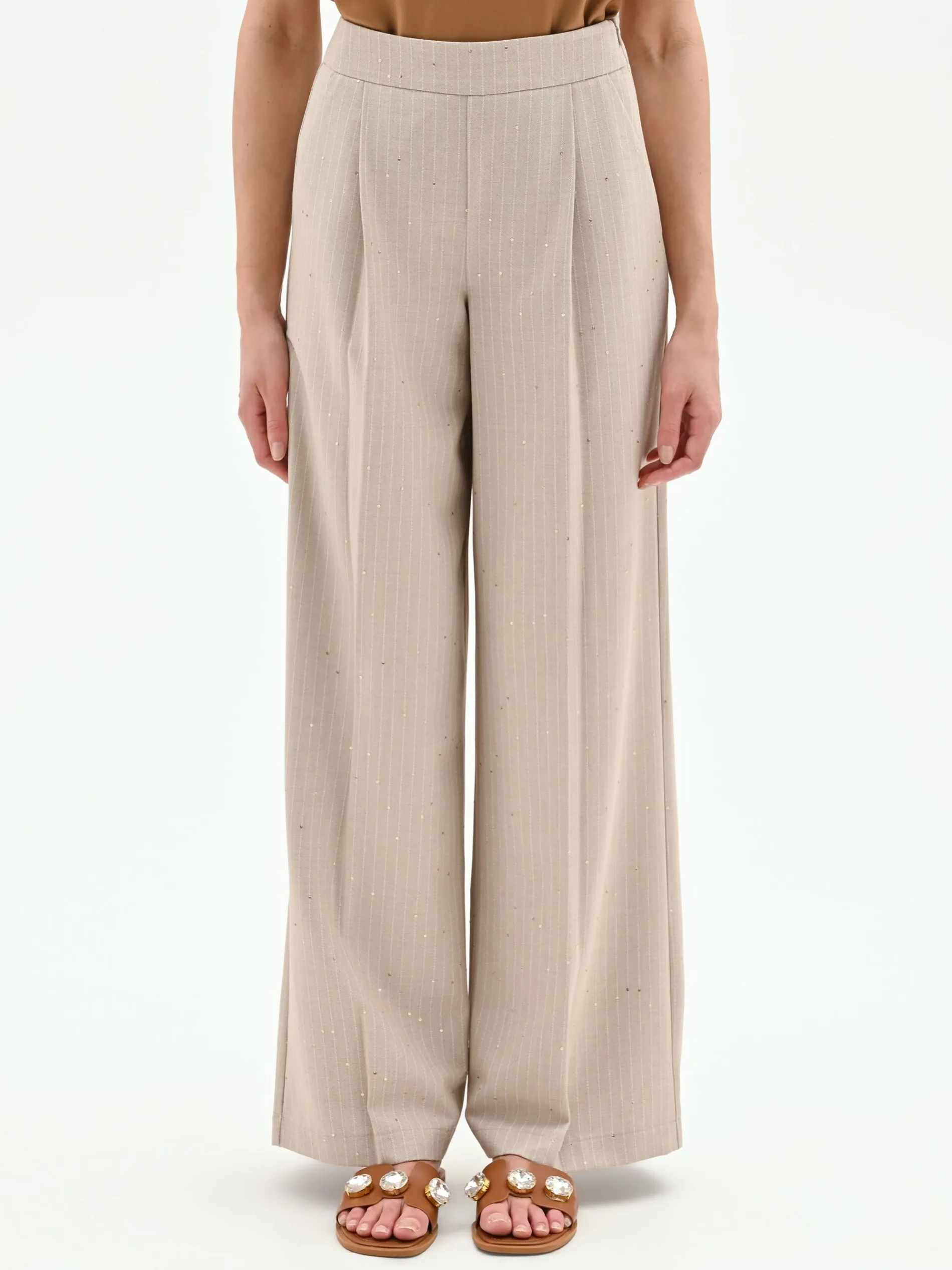 PANTALONE PALAZZO BEIGE GESSATO CON PUNTI LUCE