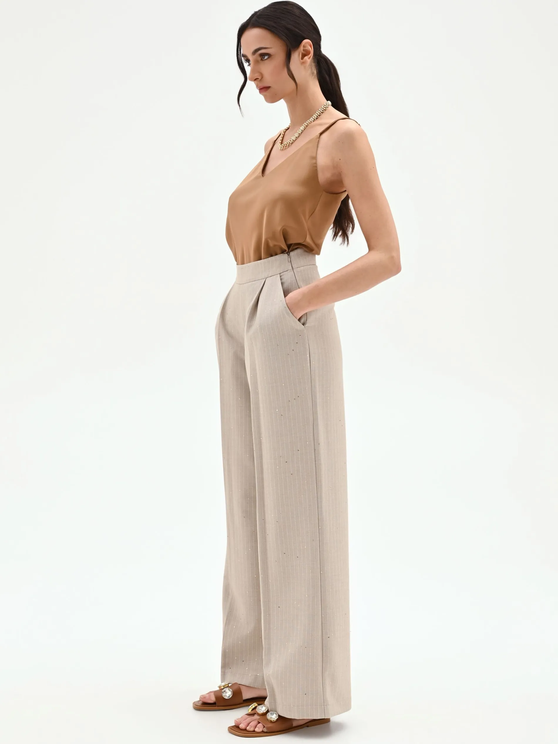 PANTALONE PALAZZO BEIGE GESSATO CON PUNTI LUCE
