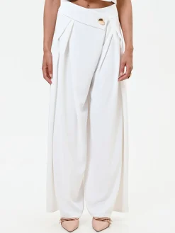 PANTALONE PALAZZO BIANCO CON BOTTONE DESIGN