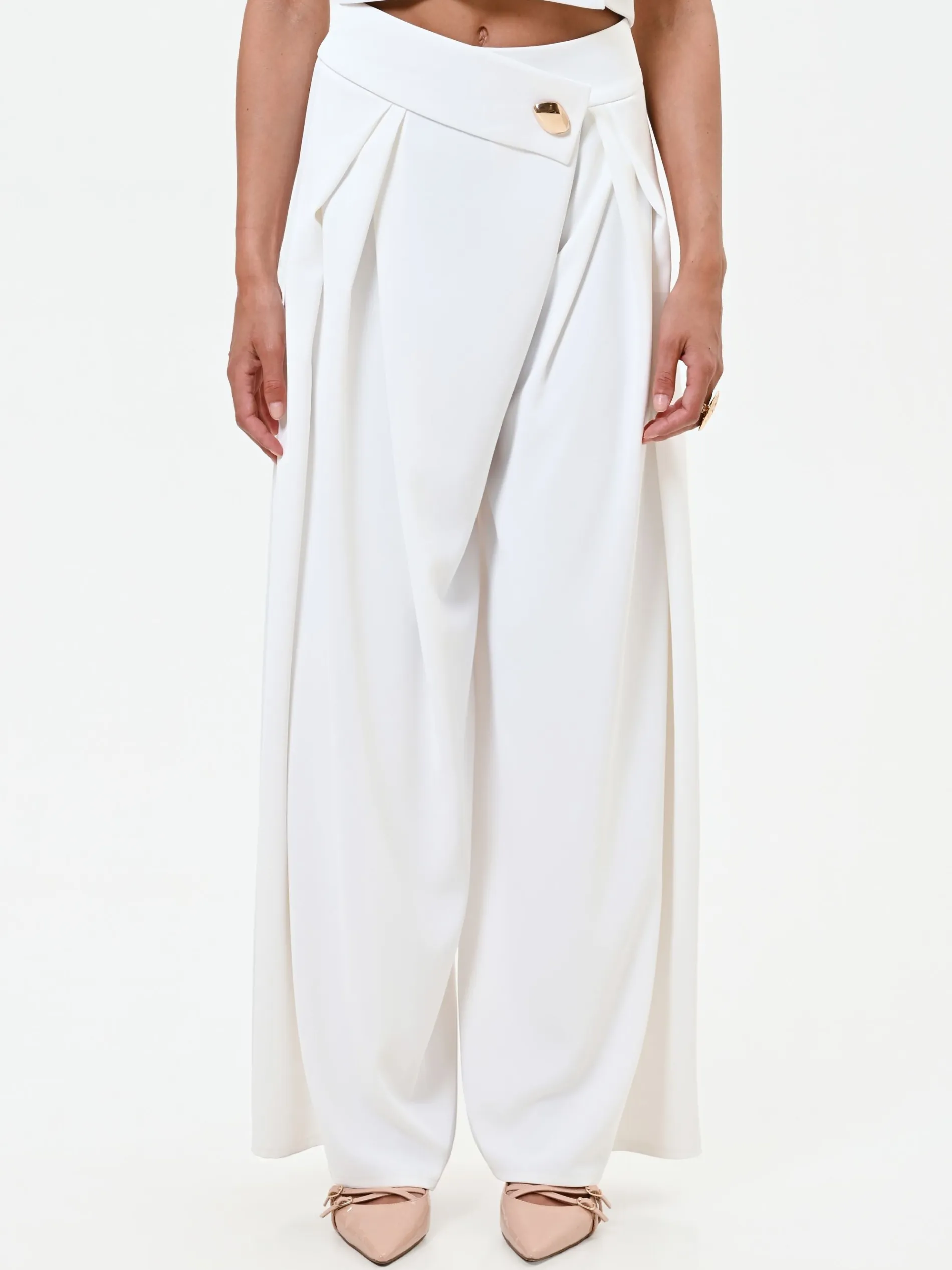 PANTALONE PALAZZO BIANCO CON BOTTONE DESIGN