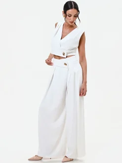 PANTALONE PALAZZO BIANCO CON BOTTONE DESIGN