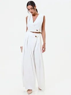 PANTALONE PALAZZO BIANCO CON BOTTONE DESIGN