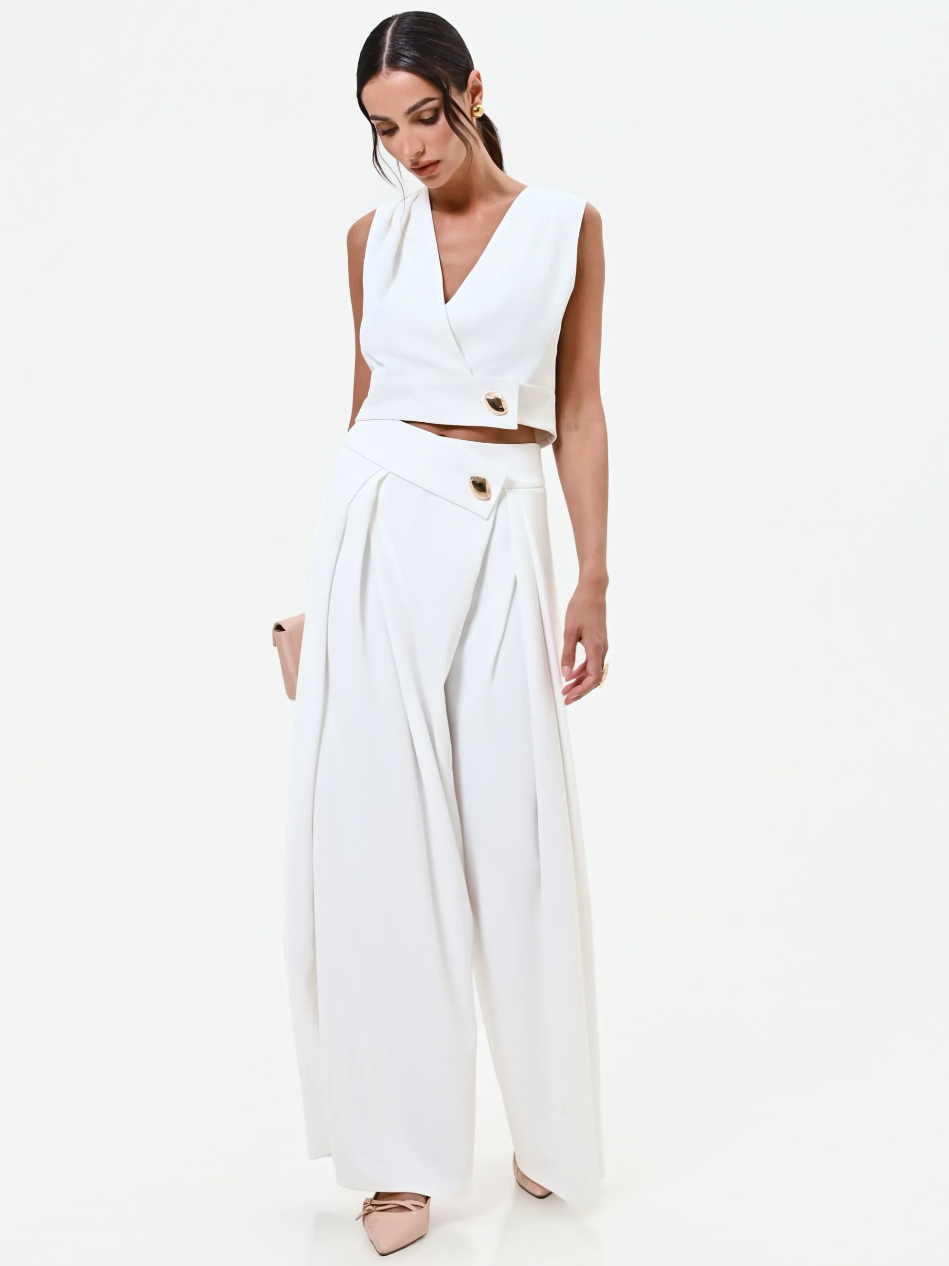PANTALONE PALAZZO BIANCO CON BOTTONE DESIGN