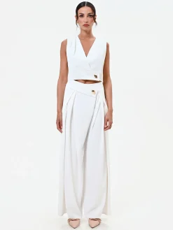 PANTALONE PALAZZO BIANCO CON BOTTONE DESIGN