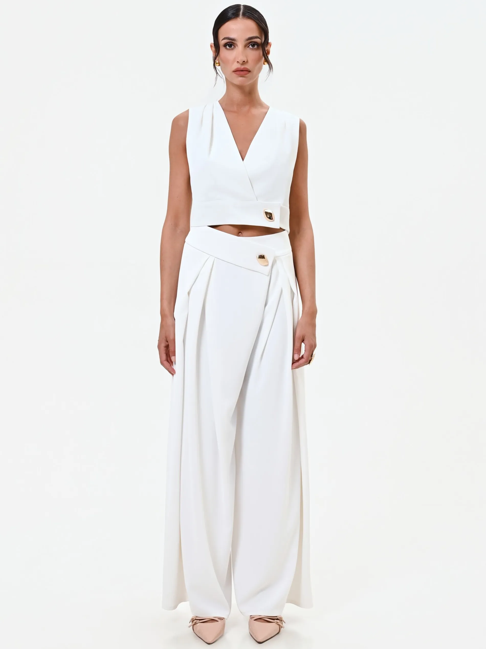 PANTALONE PALAZZO BIANCO CON BOTTONE DESIGN