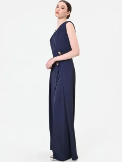 PANTALONE PALAZZO BLU NAVY CON BOTTONE DESIGN