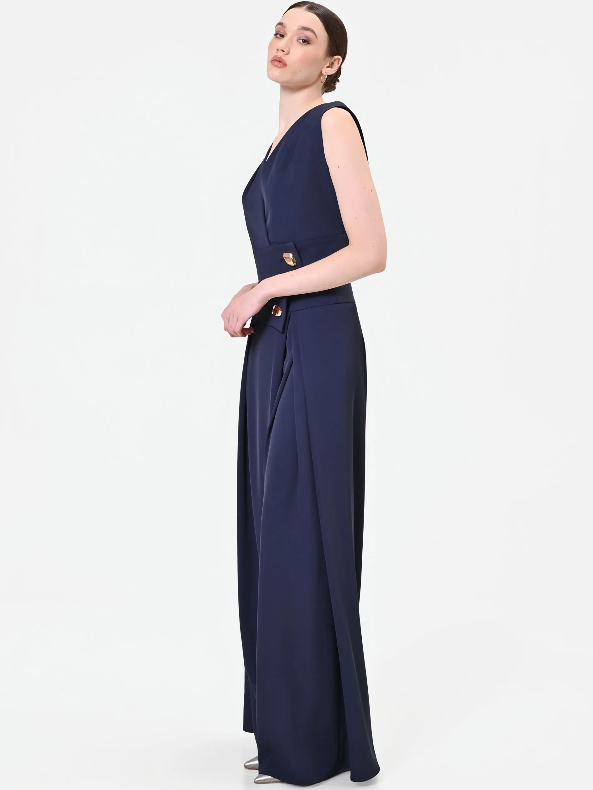 PANTALONE PALAZZO BLU NAVY CON BOTTONE DESIGN