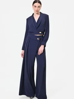PANTALONE PALAZZO BLU NAVY CON BOTTONE DESIGN
