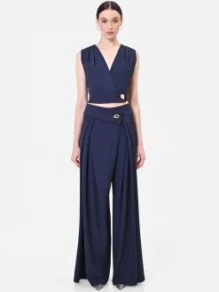 PANTALONE PALAZZO BLU NAVY CON BOTTONE DESIGN