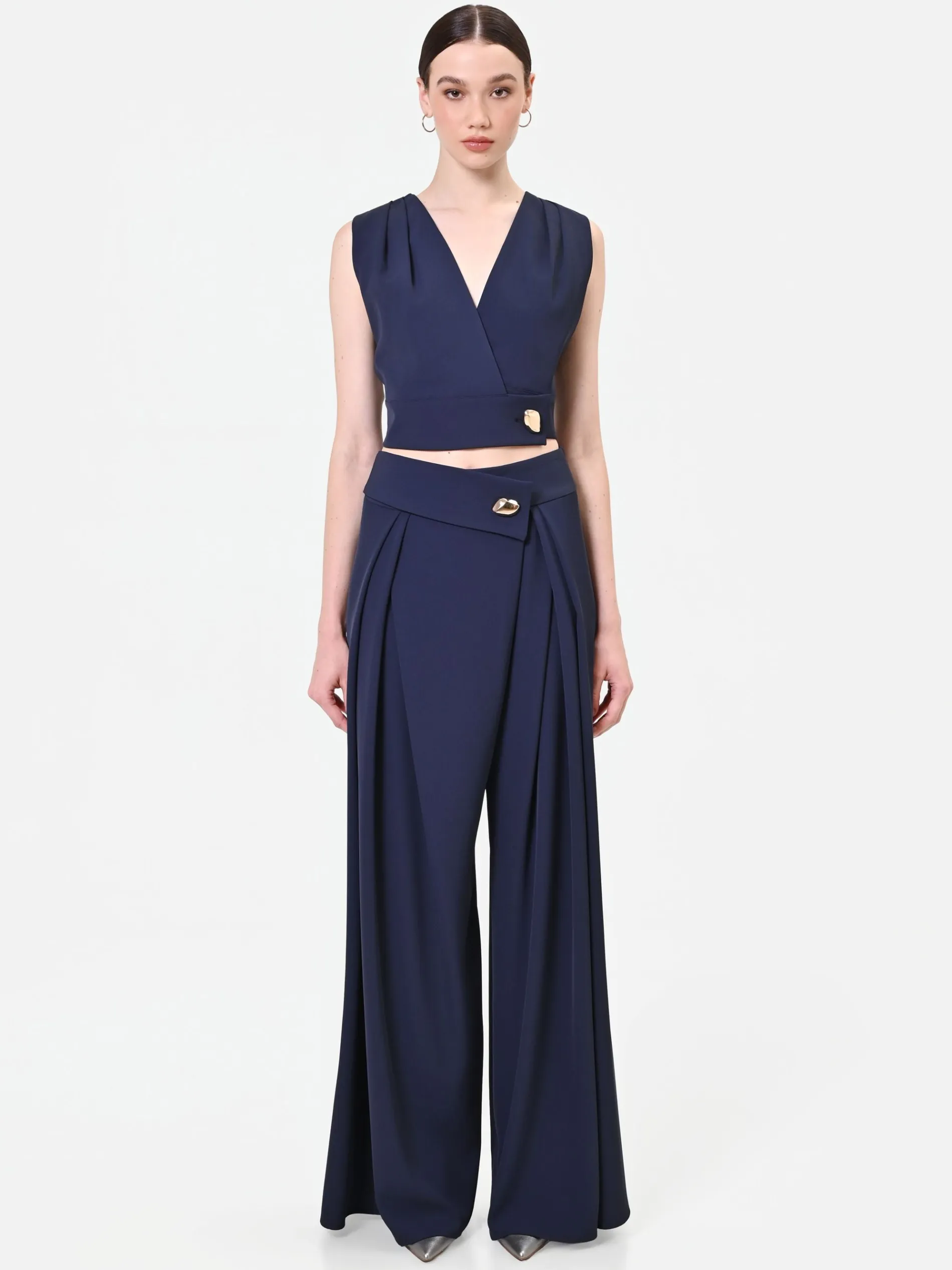 PANTALONE PALAZZO BLU NAVY CON BOTTONE DESIGN