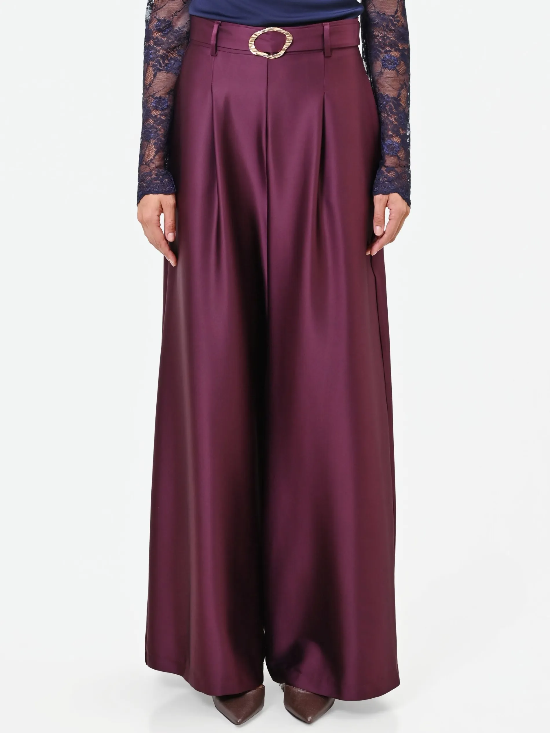 PANTALONE PALAZZO BORDEAUX IN RASO