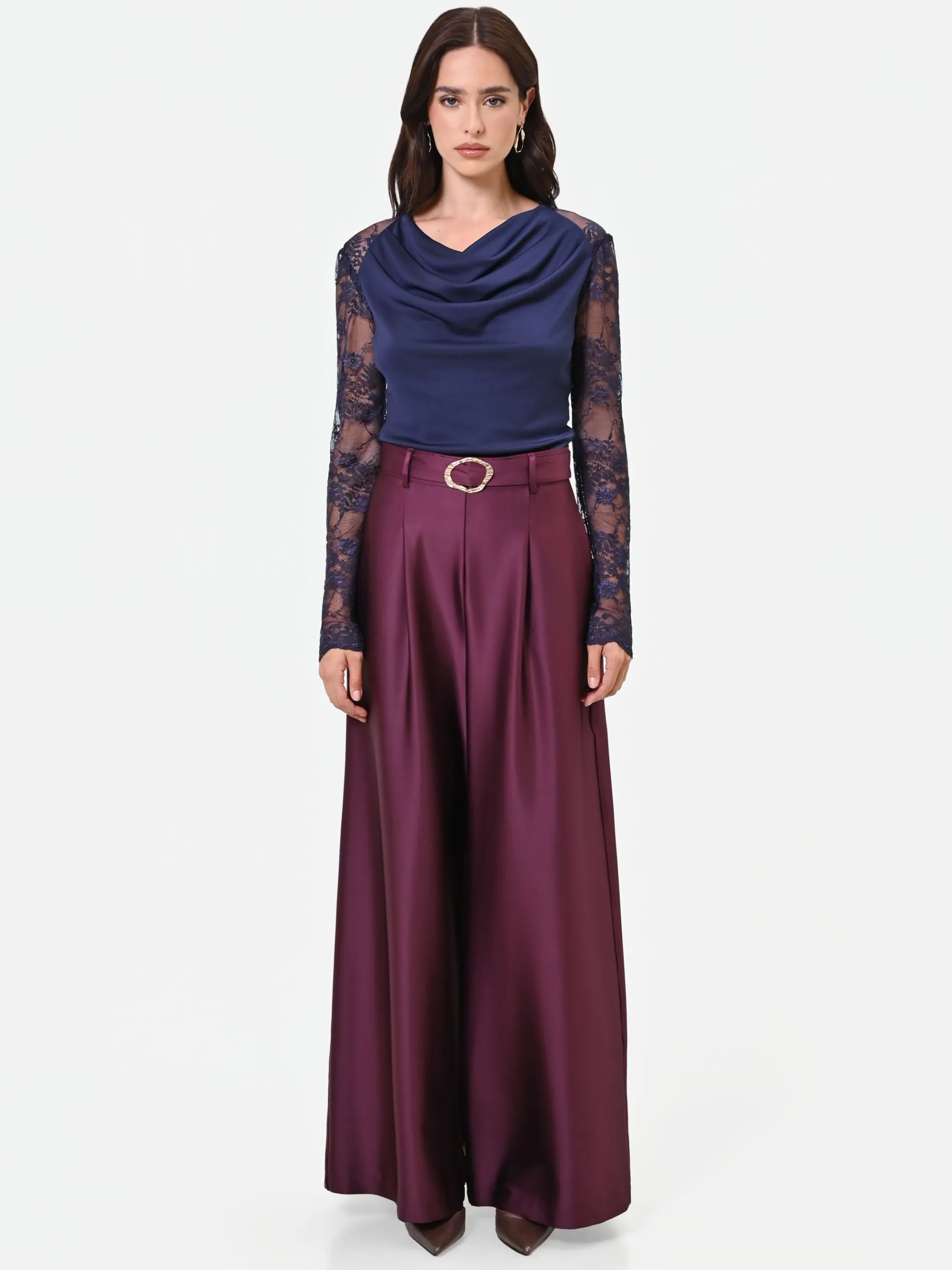 PANTALONE PALAZZO BORDEAUX IN RASO