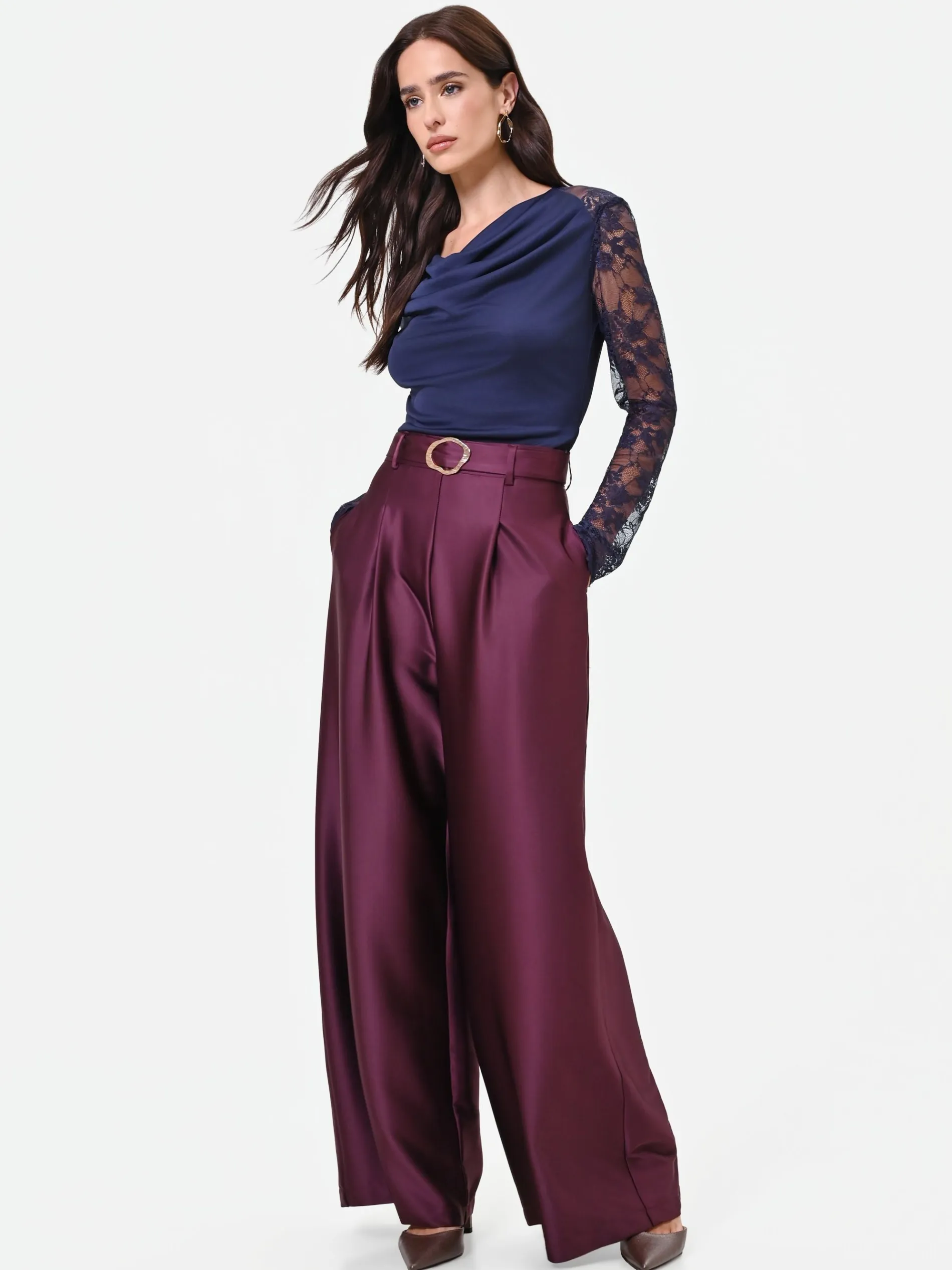 PANTALONE PALAZZO BORDEAUX IN RASO