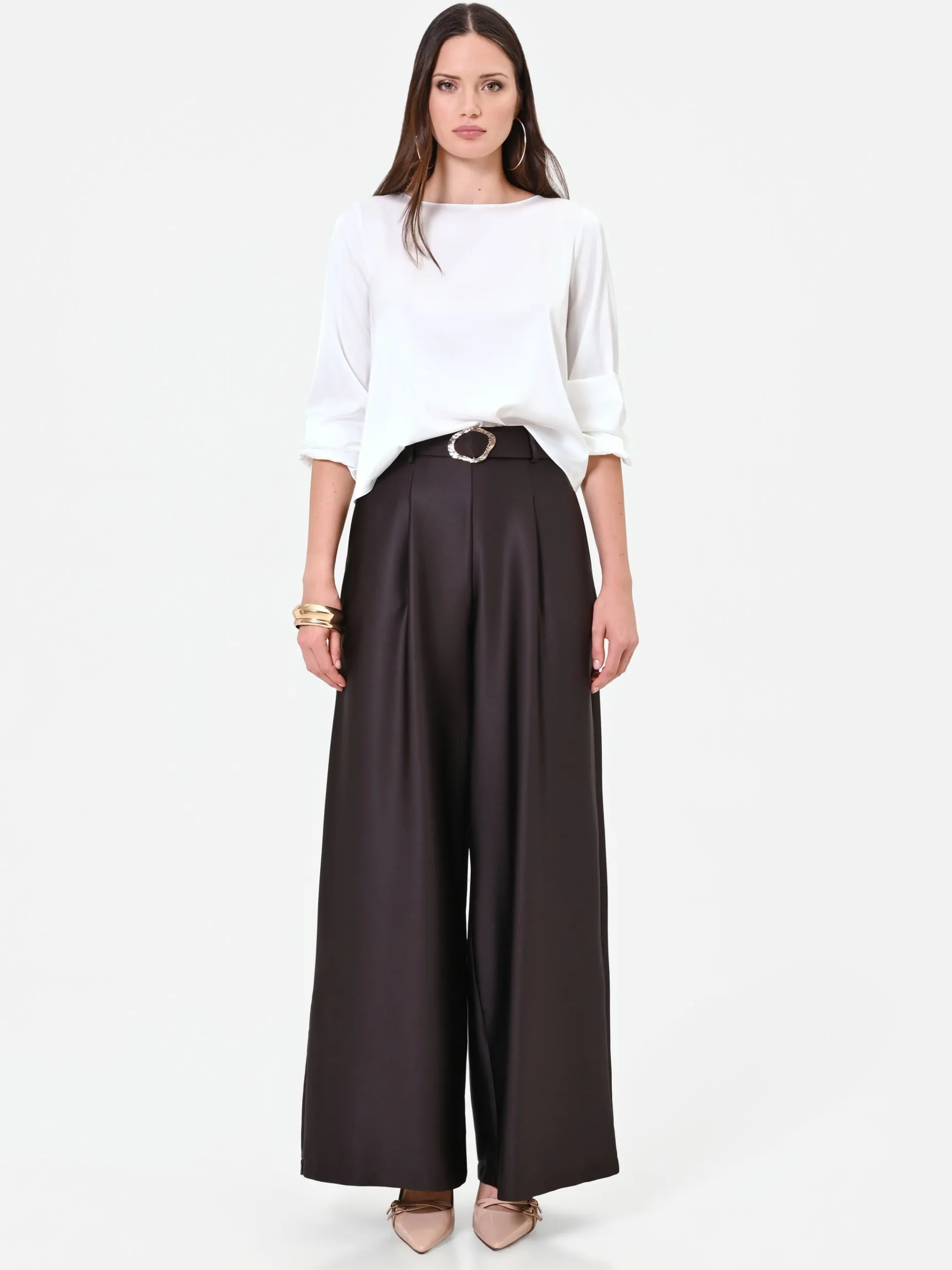 PANTALONE PALAZZO MORO MARRONE CON CINTURA