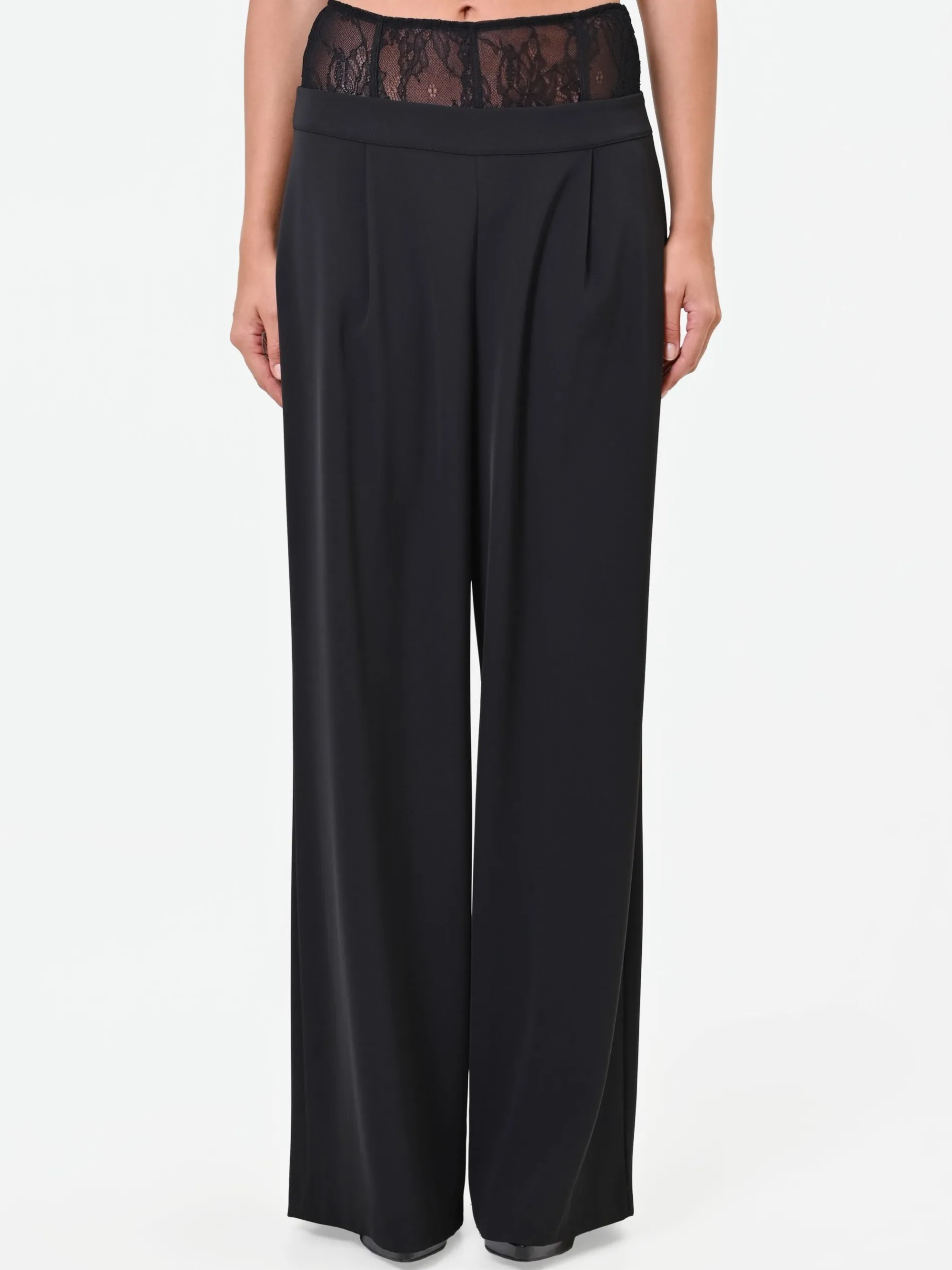 PANTALONE PALAZZO NERO CON FASCIA IN PIZZO