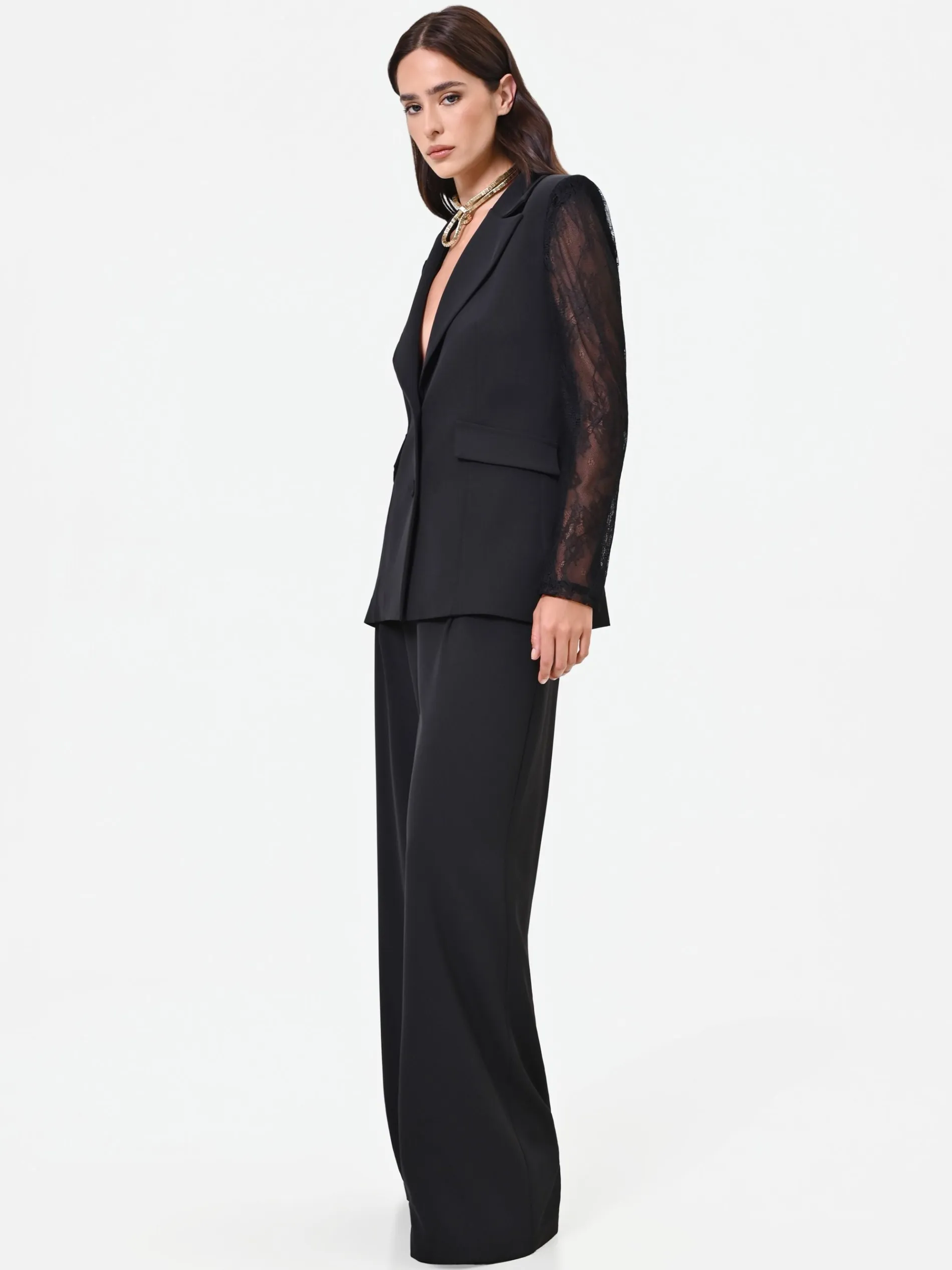 PANTALONE PALAZZO NERO CON FASCIA IN PIZZO