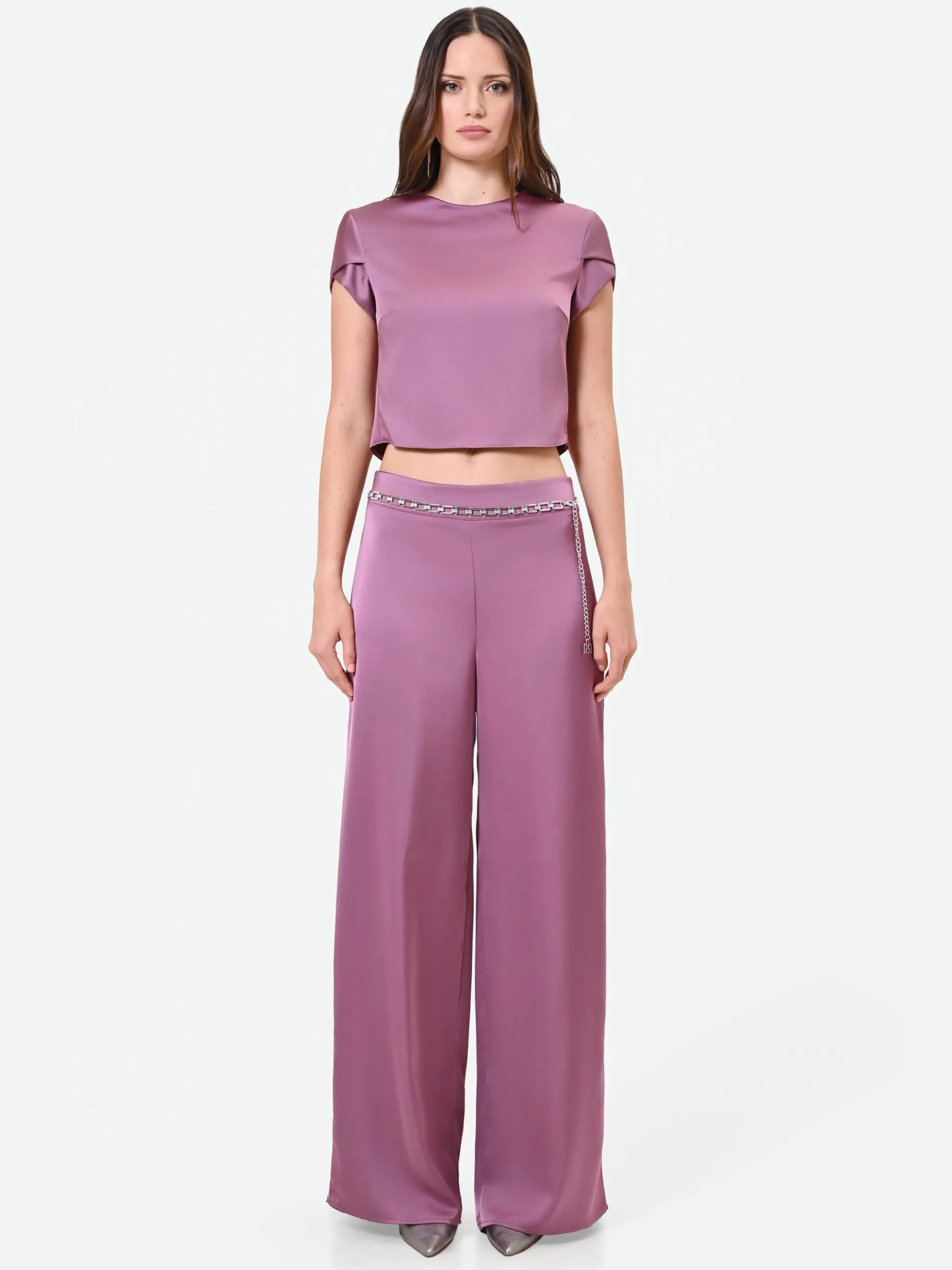 PANTALONE PALAZZO ROSA ANTICO IN RASO