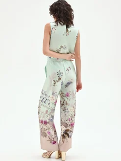 PANTALONE PALAZZO VERDE MENTA IN RASO CON STAMPA BOTANICA