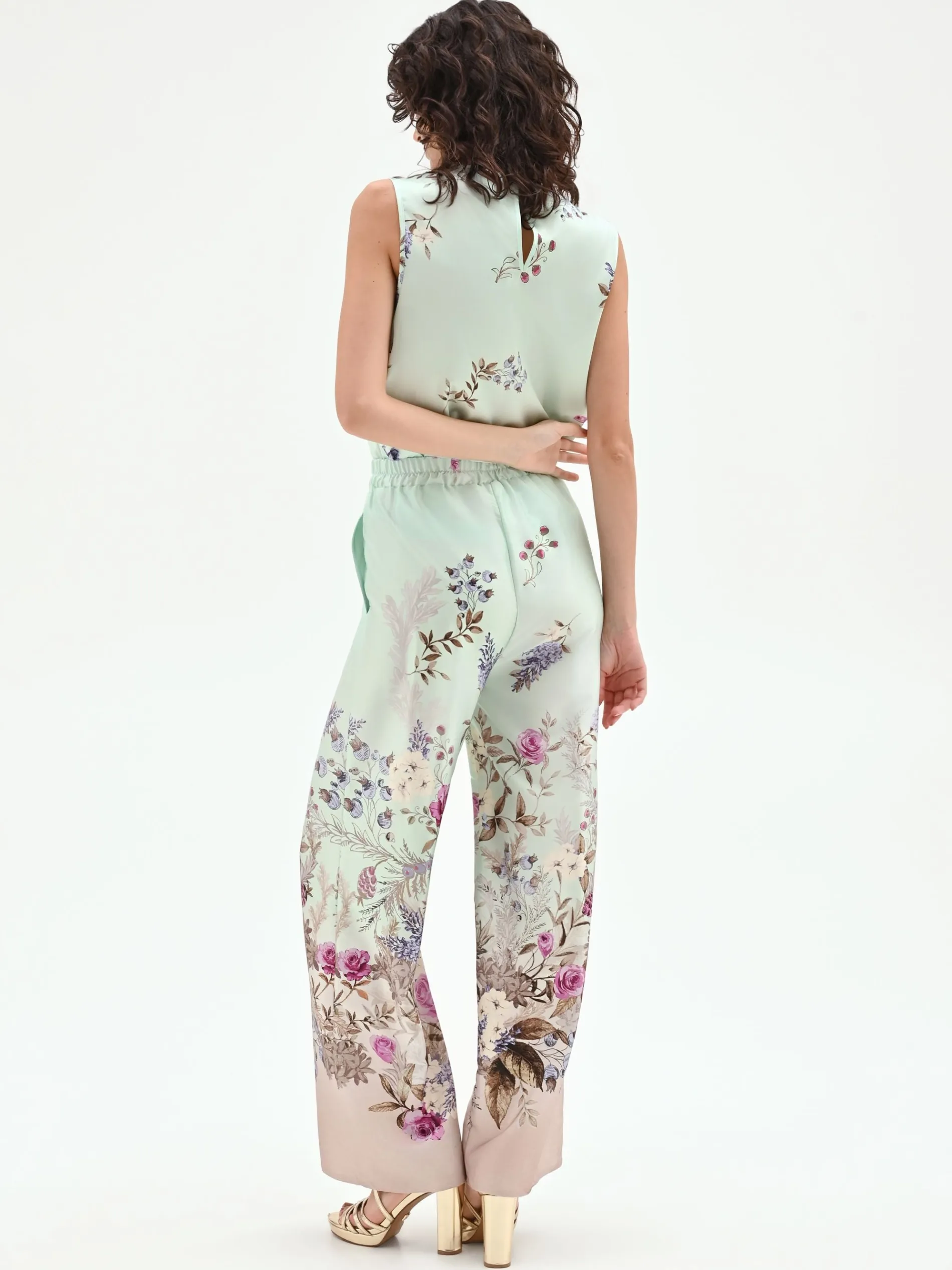 PANTALONE PALAZZO VERDE MENTA IN RASO CON STAMPA BOTANICA