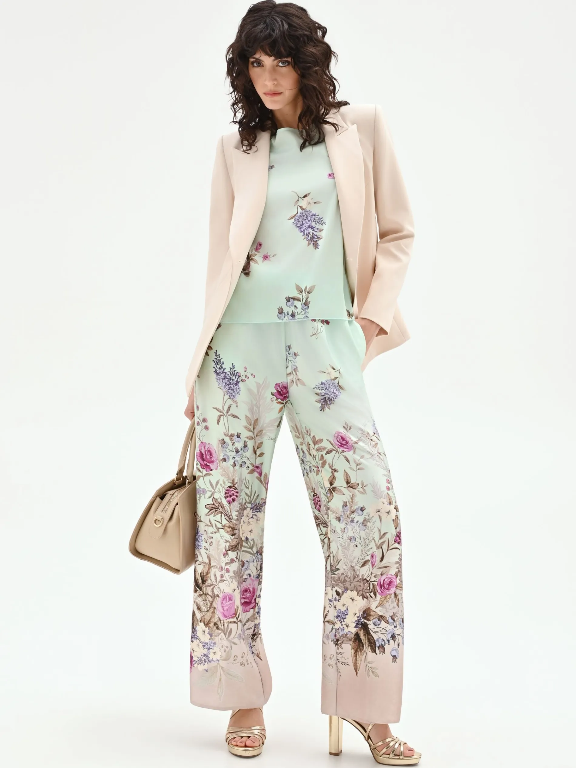 PANTALONE PALAZZO VERDE MENTA IN RASO CON STAMPA BOTANICA