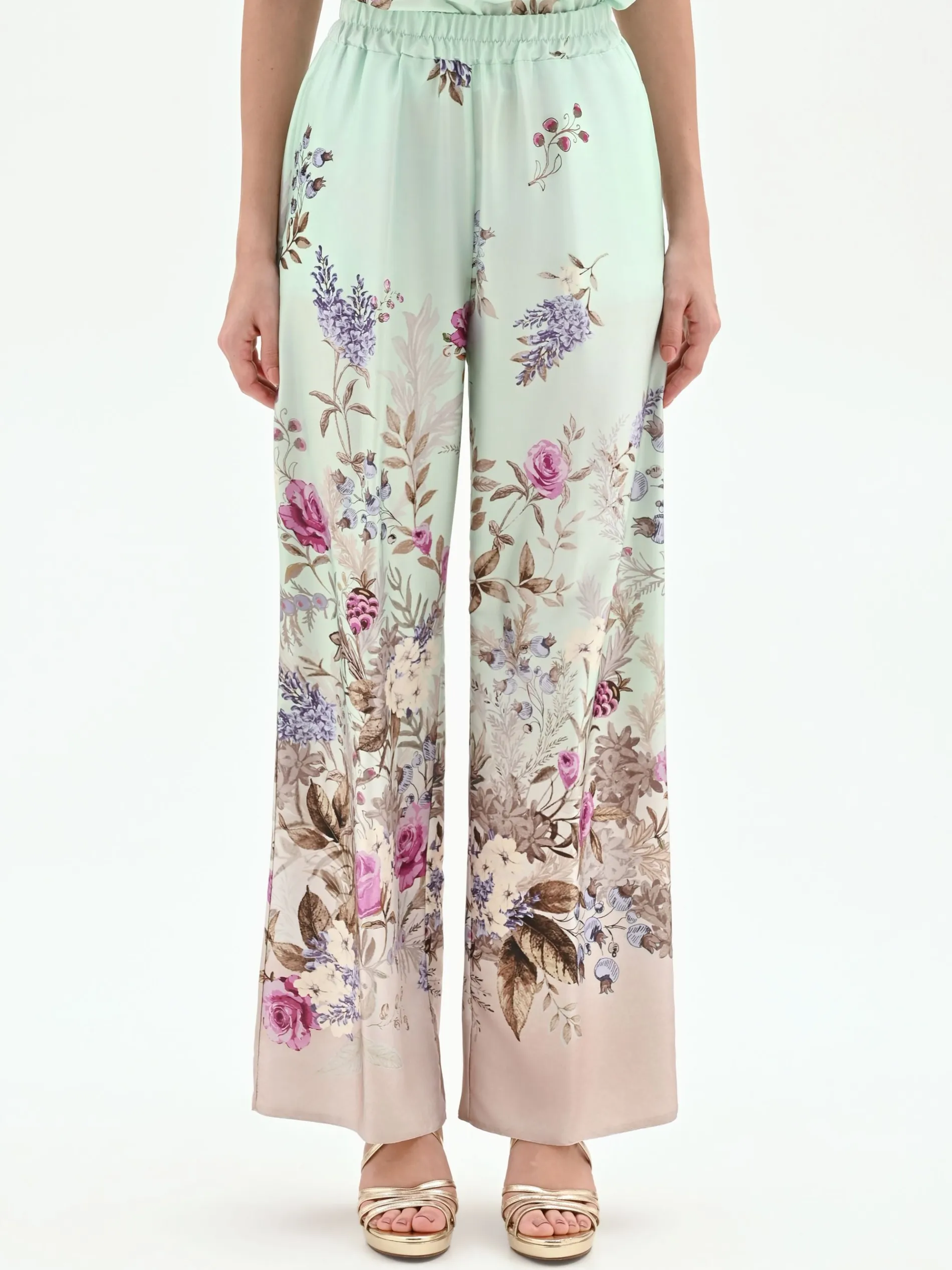 PANTALONE PALAZZO VERDE MENTA IN RASO CON STAMPA BOTANICA