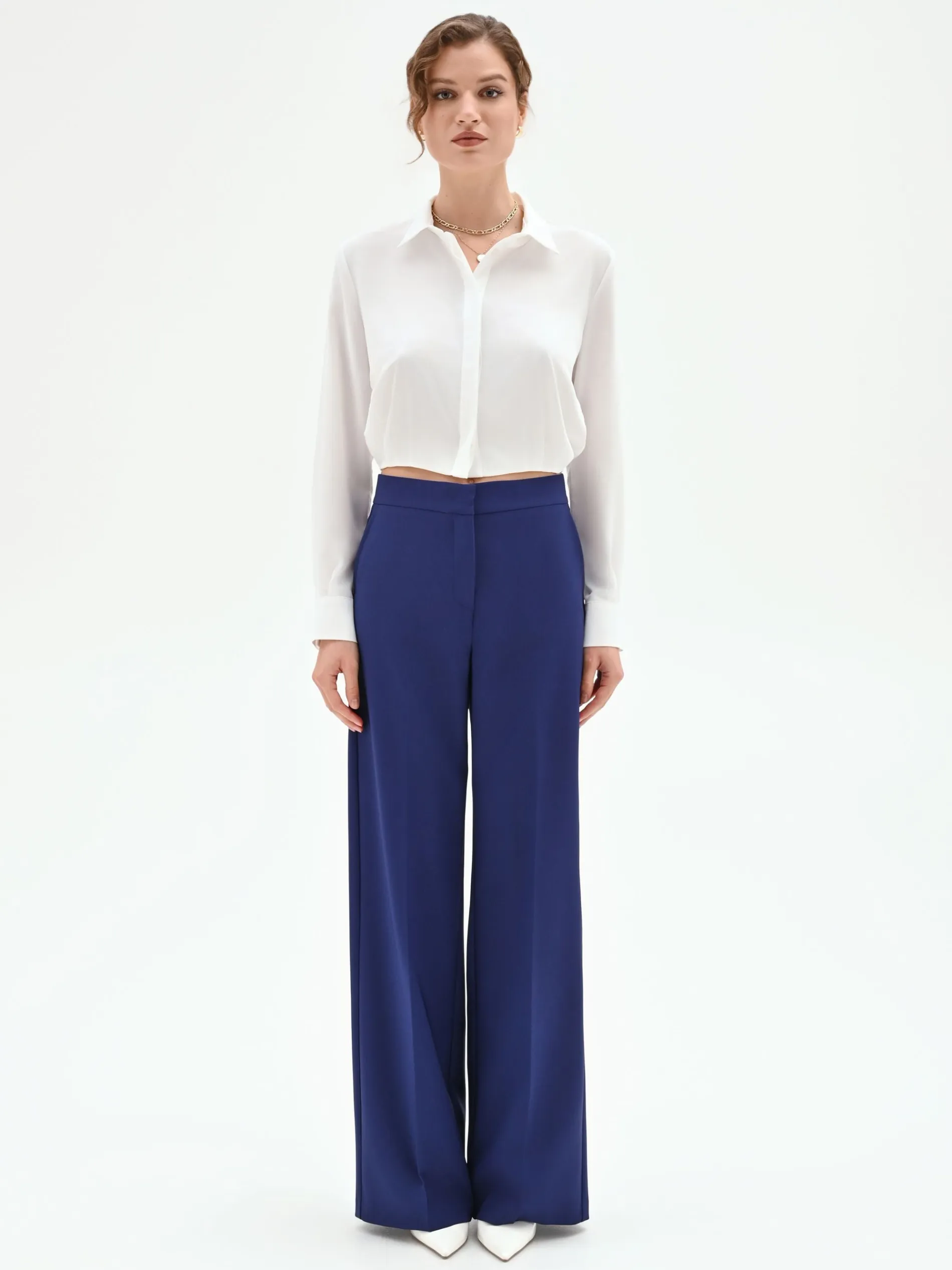 PANTALONE STUDIO A PALAZZO IN TESSUTO TECNICO BLU INDACO