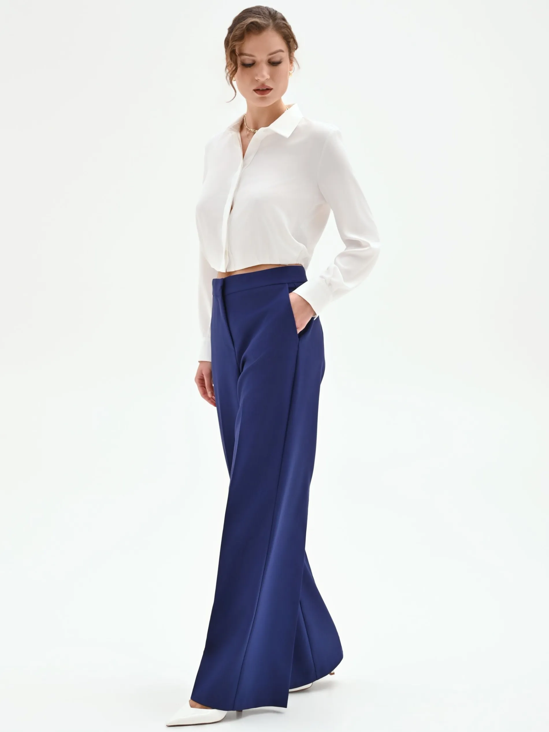 PANTALONE STUDIO A PALAZZO IN TESSUTO TECNICO BLU INDACO