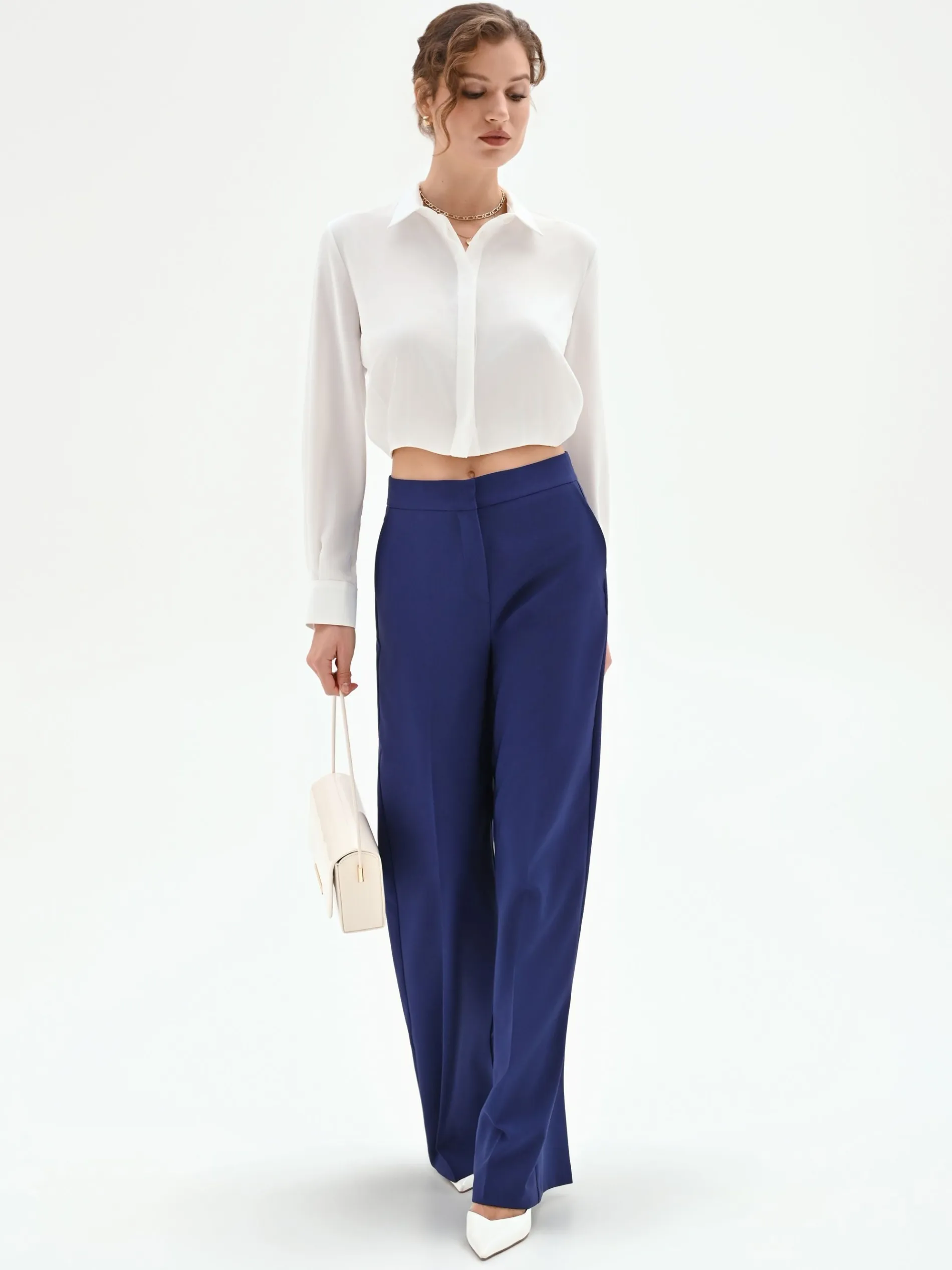 PANTALONE STUDIO A PALAZZO IN TESSUTO TECNICO BLU INDACO