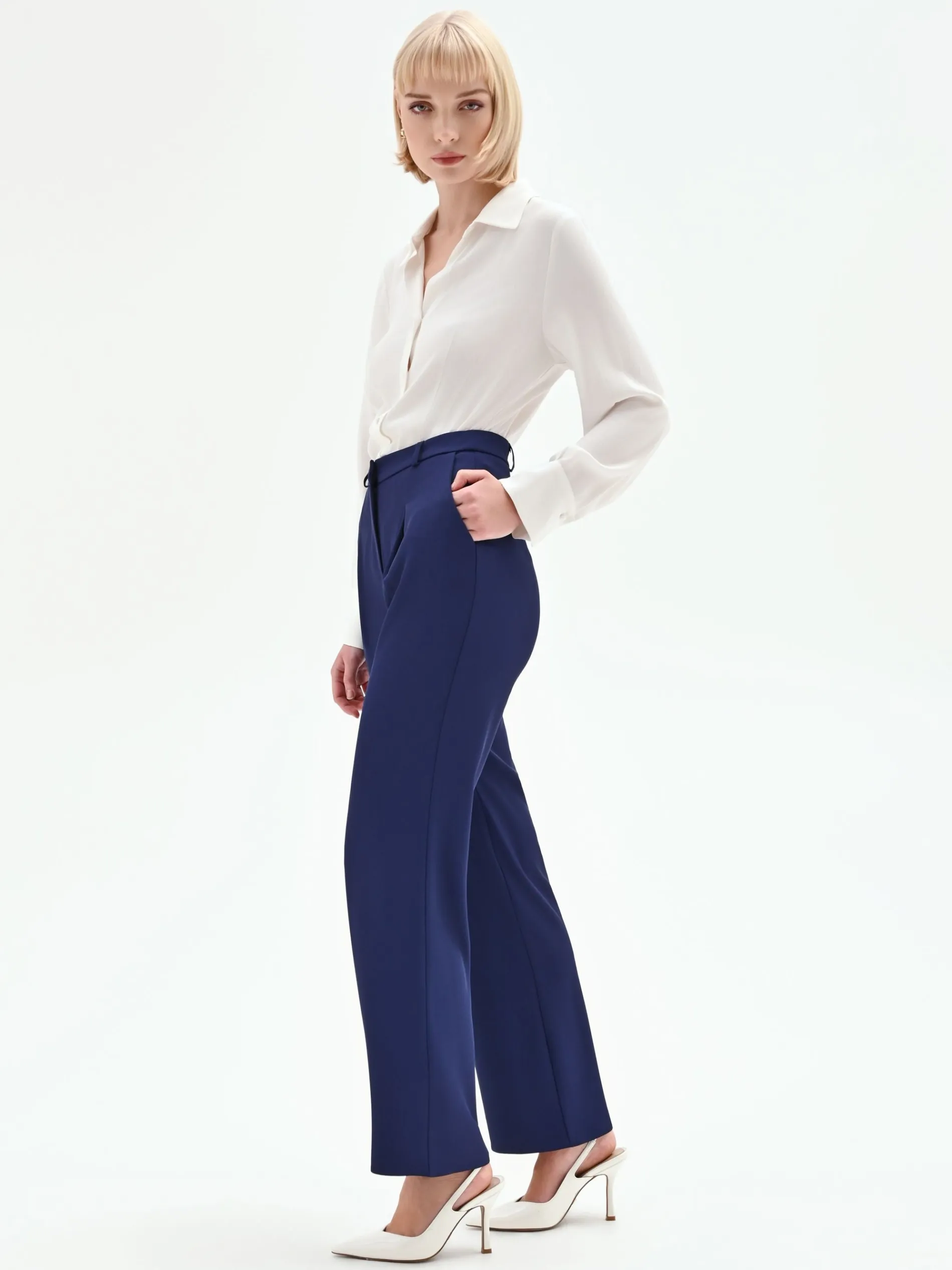 PANTALONE STUDIO CON PINCES E VITA ALTA IN CADI BLU INDACO