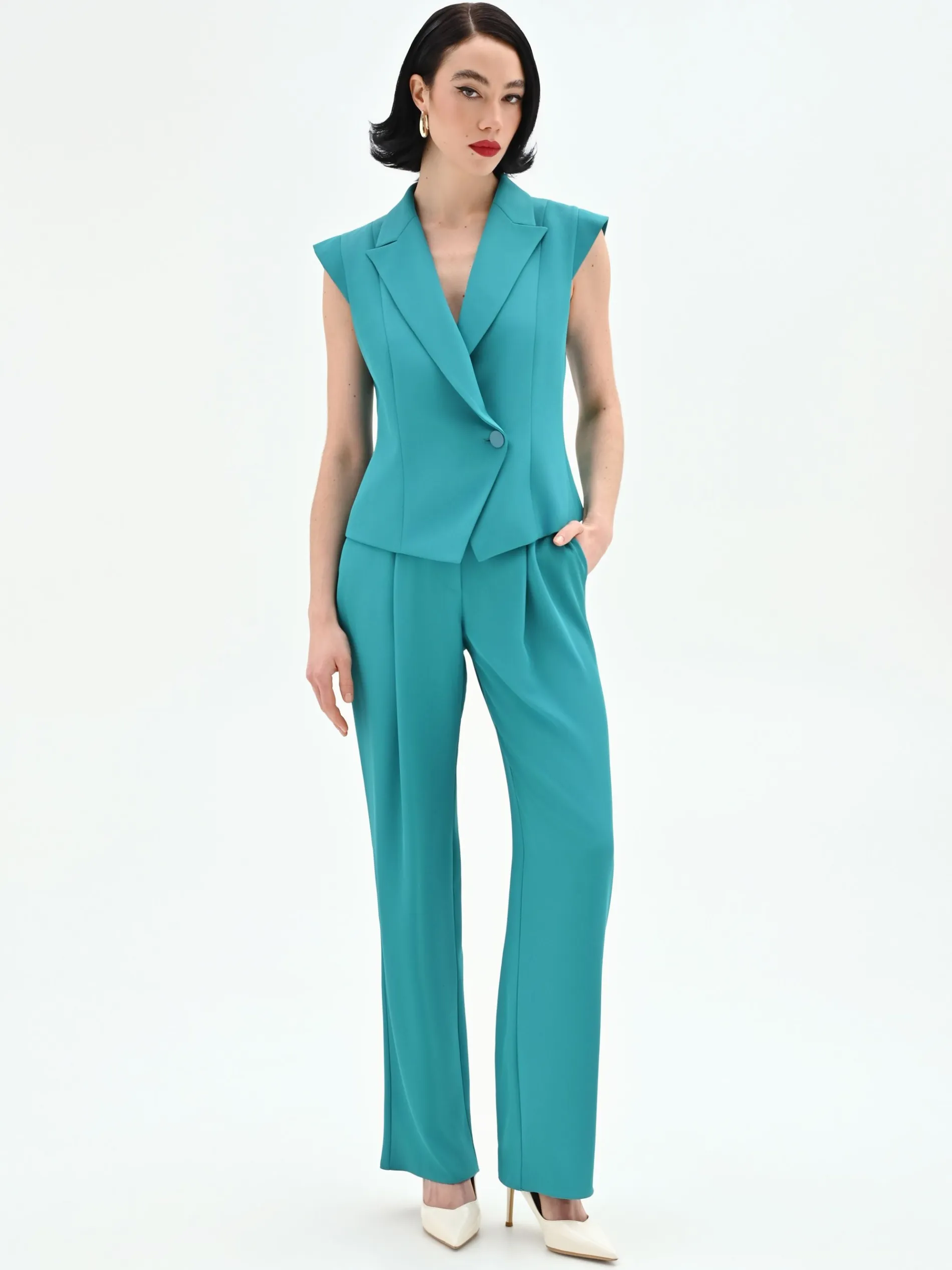 PANTALONE STUDIO CON PINCES IN CADI VERDE SMERALDO