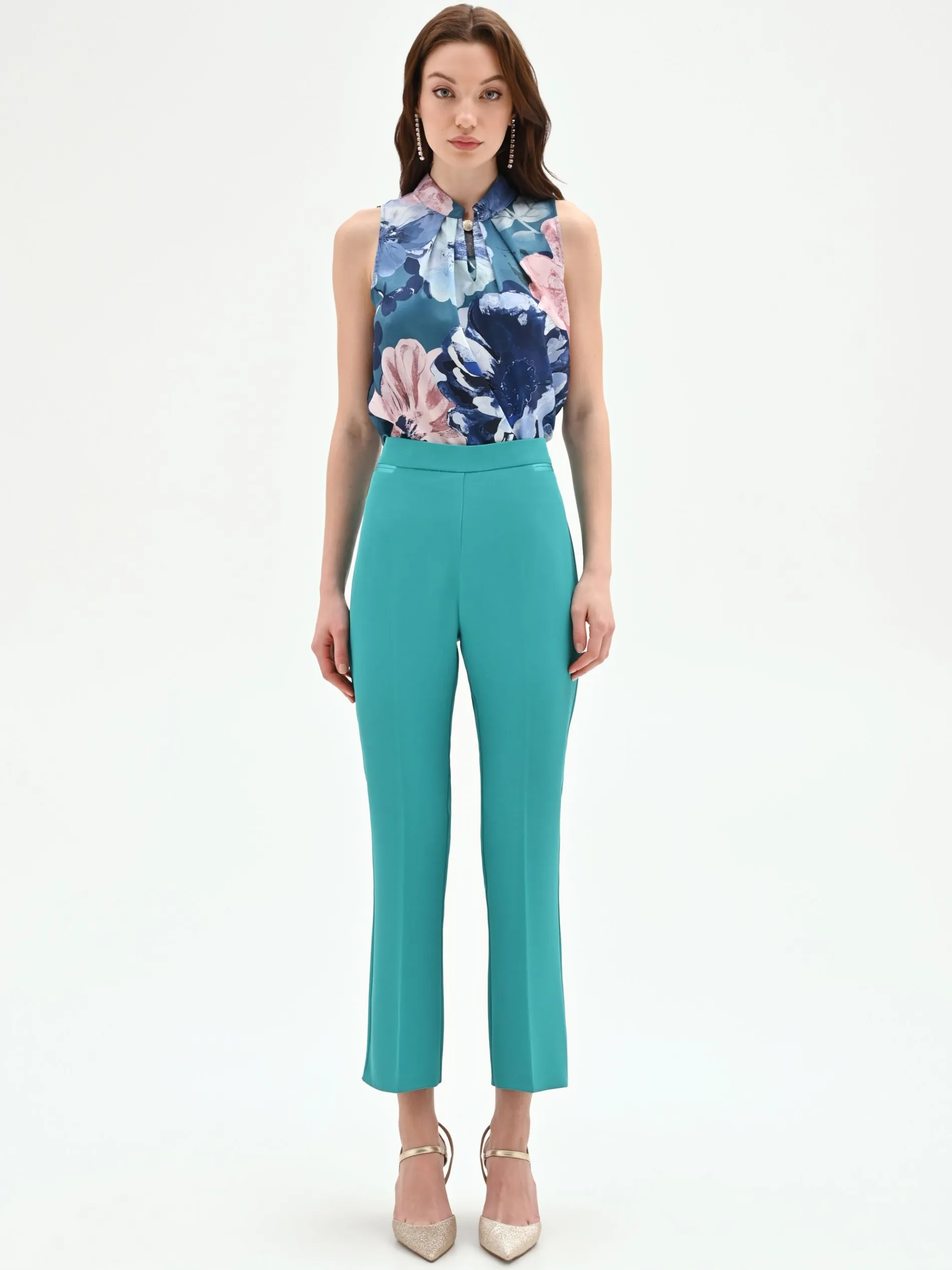 PANTALONE TURCHESE SLIM AZZURRO A VITA ALTA