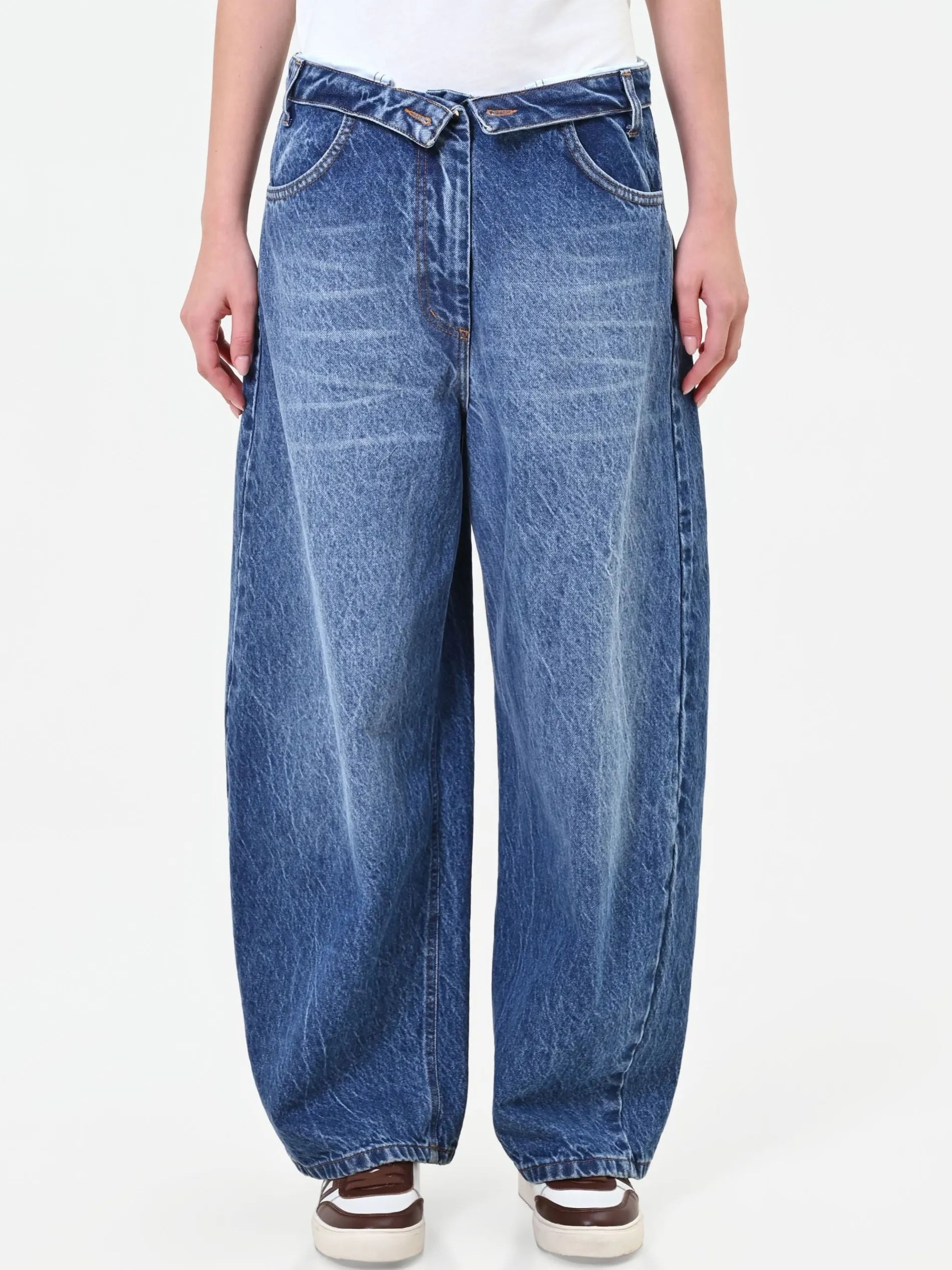PANTALONI JEANS BLU INDACO CON CHIUSURA ASIMMETRICA