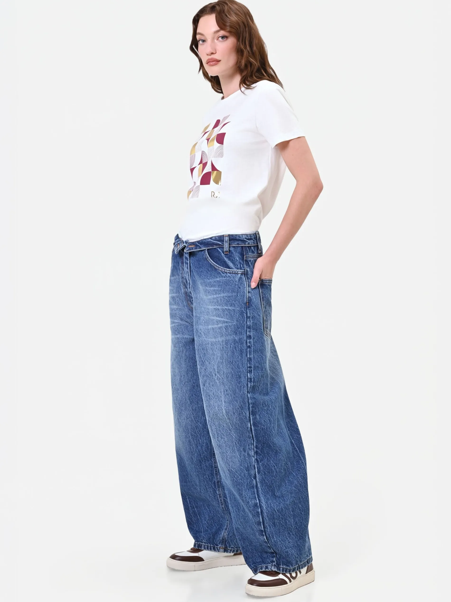 PANTALONI JEANS BLU INDACO CON CHIUSURA ASIMMETRICA