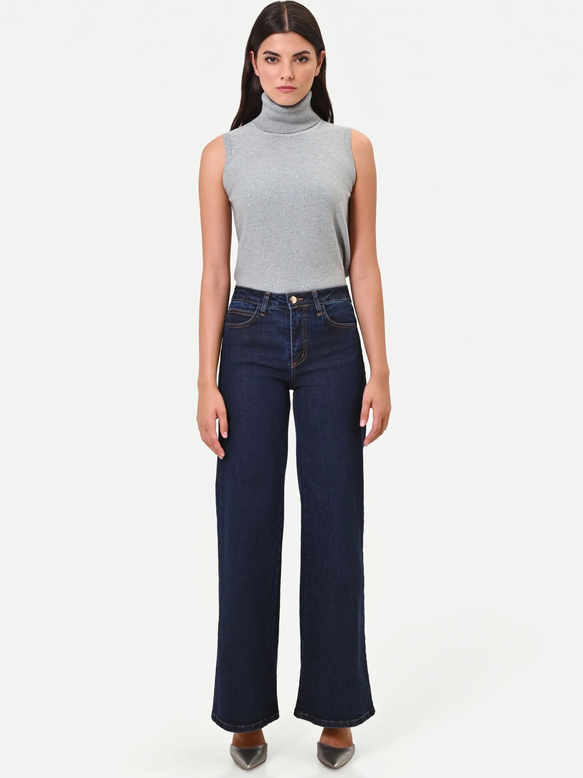 PANTALONI JEANS BLU NAVY A PALAZZO
