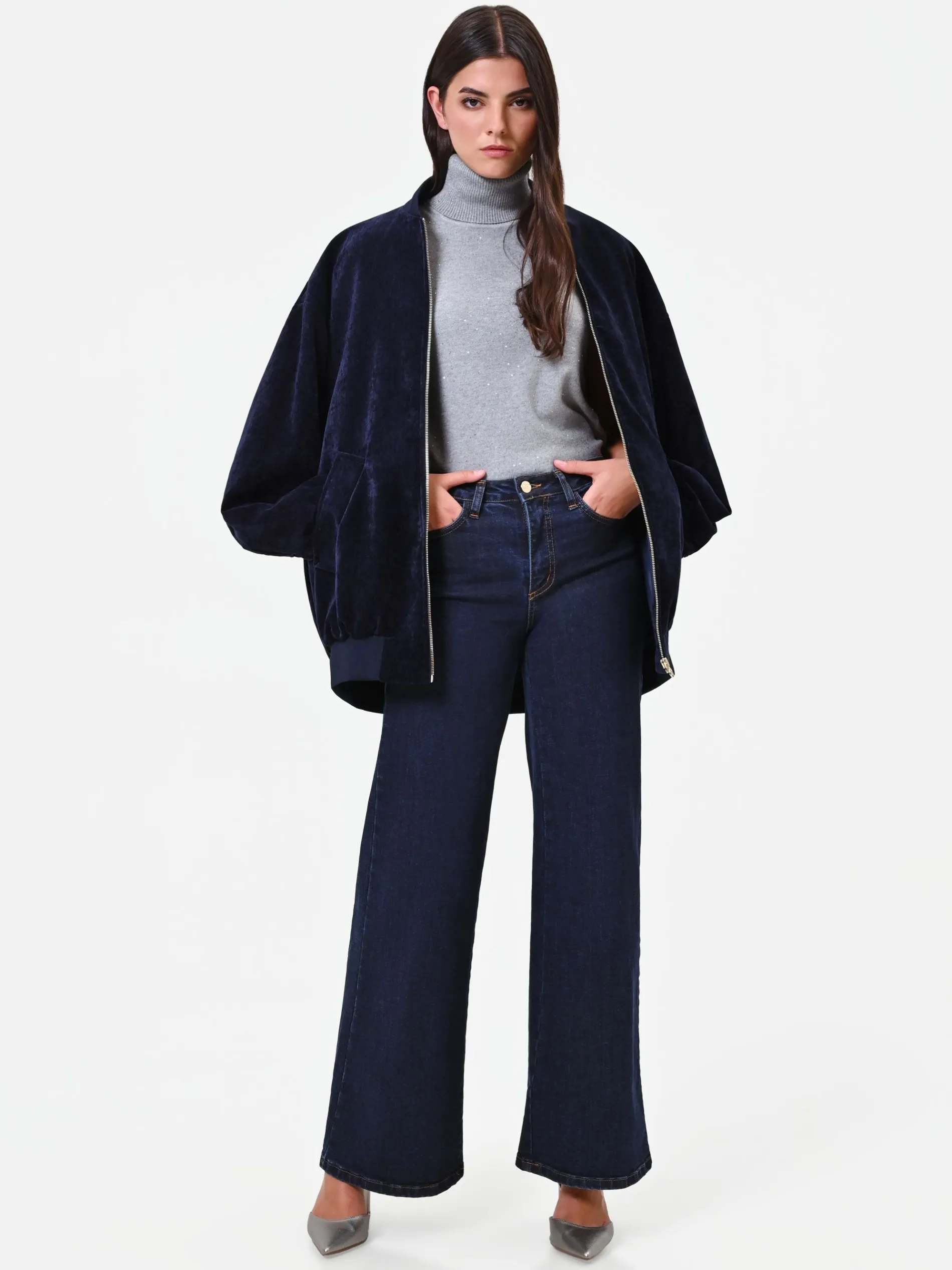 PANTALONI JEANS BLU NAVY A PALAZZO