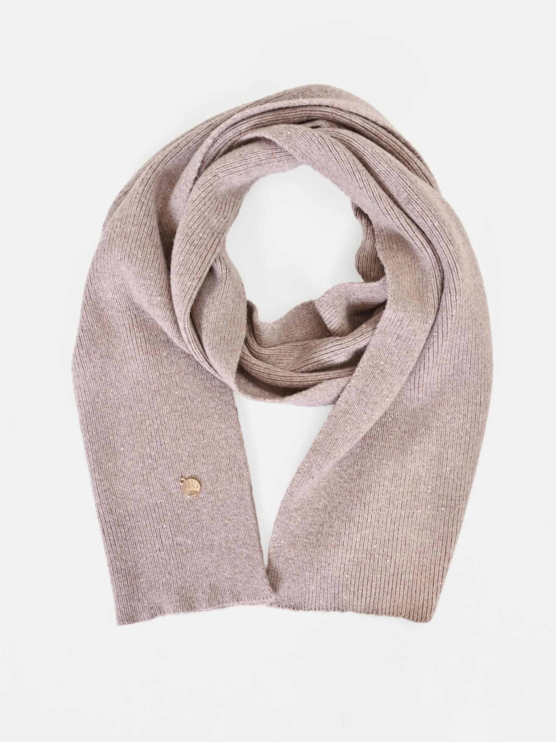 SCIARPA IN MAGLIA A COSTINE TORTORA BEIGE CON PUNTI LUCE