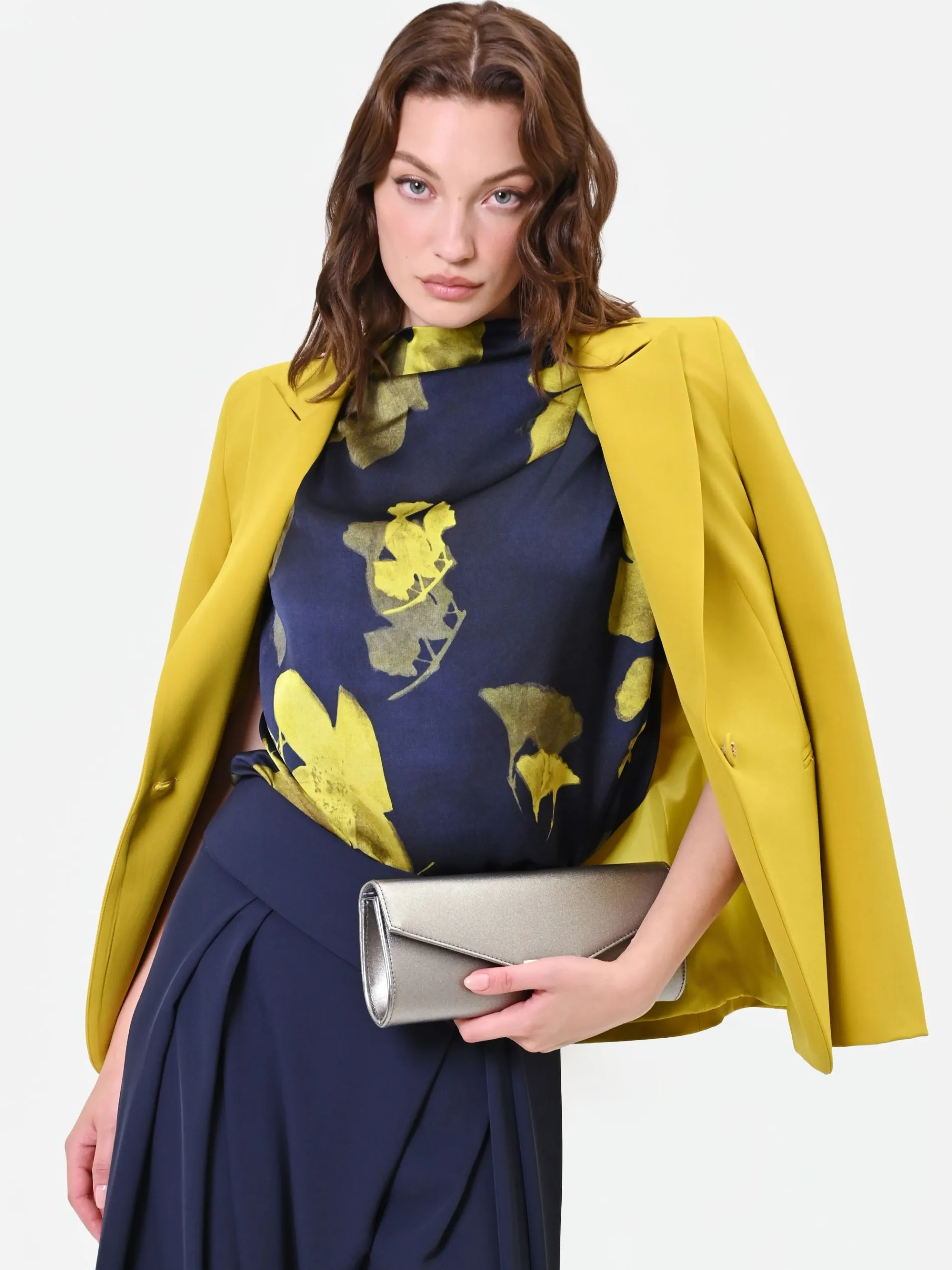 TOP BLU NAVY CON COLLO DRAPPEGGIATO E STAMPA FLOREALE