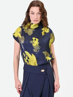 TOP BLU NAVY CON COLLO DRAPPEGGIATO E STAMPA FLOREALE
