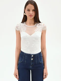 TOP BODY AVORIO CON INSERTI IN PIZZO E TULLE