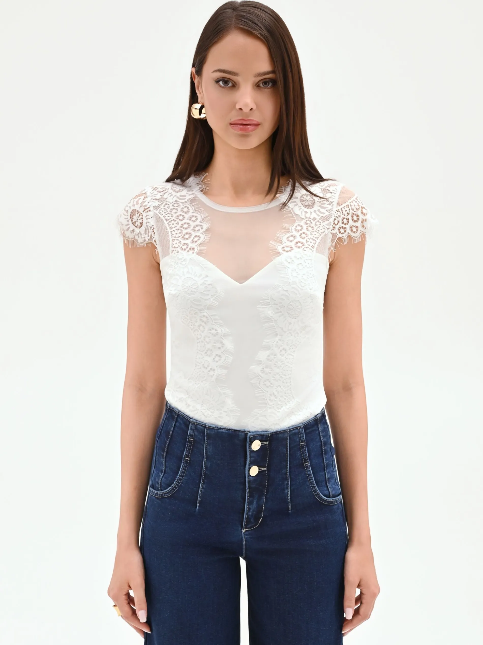 TOP BODY AVORIO CON INSERTI IN PIZZO E TULLE