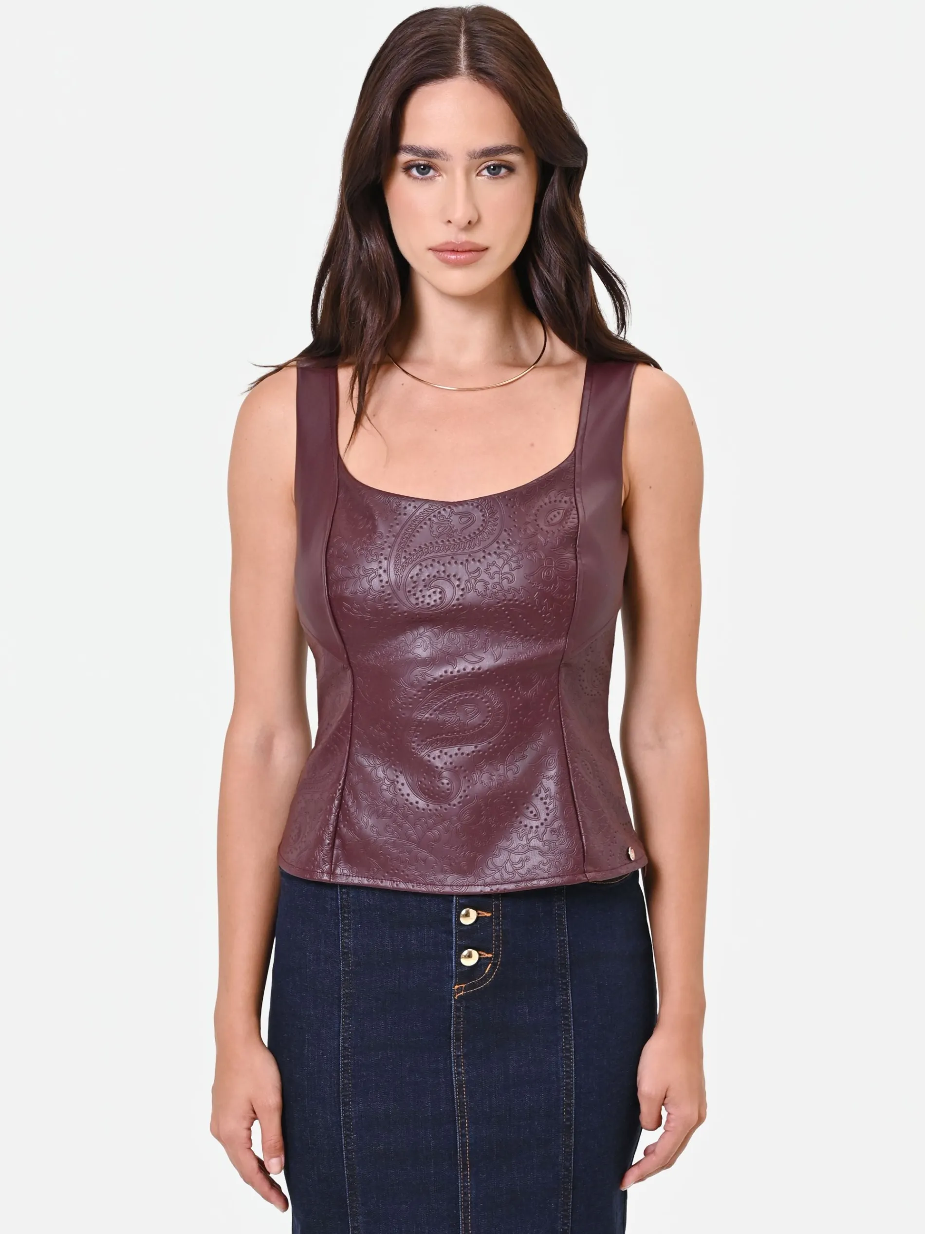 TOP BORDEAUX ROSSO IN SIMILPELLE CON DISEGNO PAISLEY