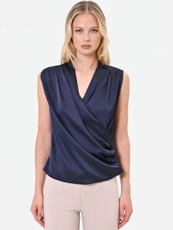 TOP IN RASO BLU NAVY CON SCOLLO INCROCIATO