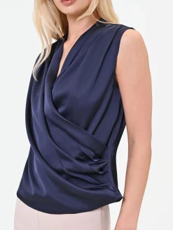 TOP IN RASO BLU NAVY CON SCOLLO INCROCIATO