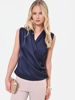TOP IN RASO BLU NAVY CON SCOLLO INCROCIATO