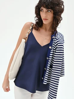 TOP IN RASO BLU NAVY CON SPALLINE SOTTILI