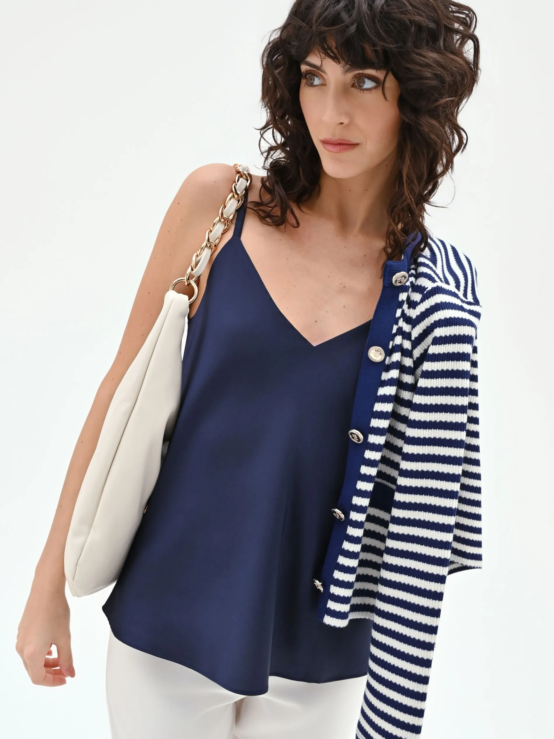 TOP IN RASO BLU NAVY CON SPALLINE SOTTILI