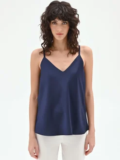 TOP IN RASO BLU NAVY CON SPALLINE SOTTILI